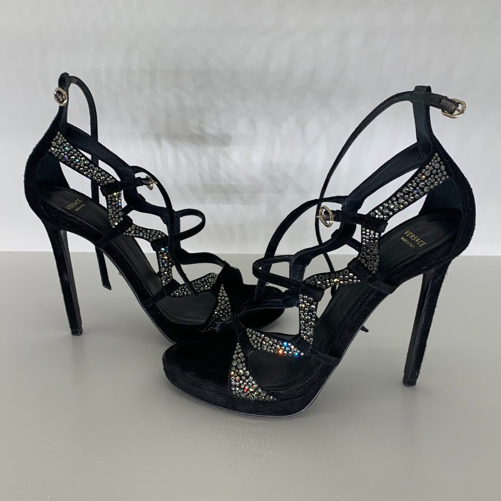 Versace Crystal Embellished Black Suede Heels